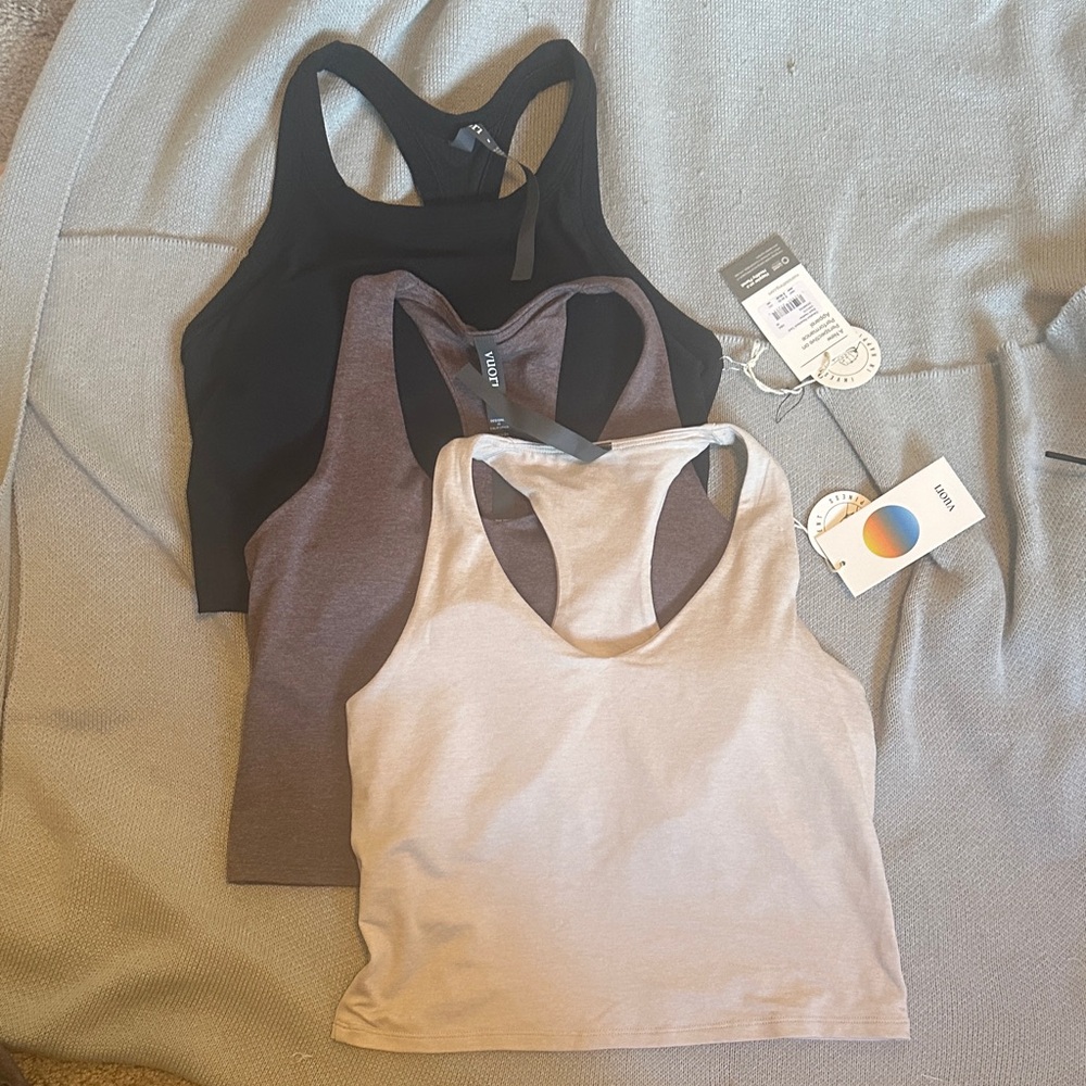 Lot of 3 NWT medium Vuori Racerback Halo Tank Tops in Cream, Brown, and Black
